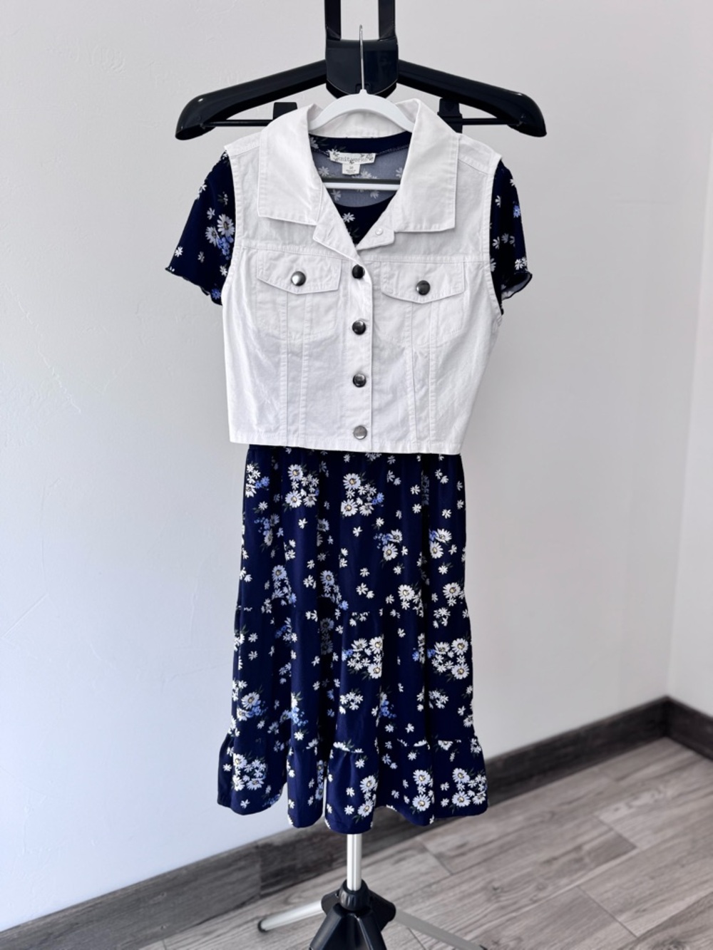 Knitworks Navy Floral Dress with White Cotton Denim Vest, Girl Size 16